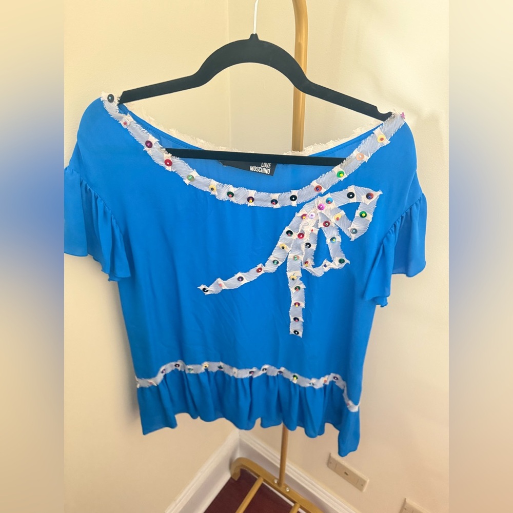Love Moschino Bright Blue Blouse with Colorful Accents